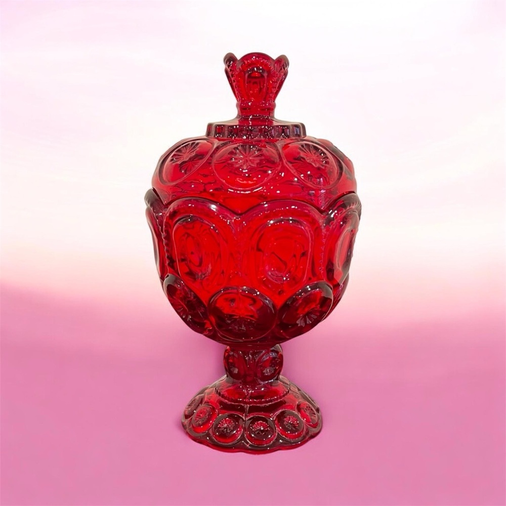 L.G. Wright Vintage Ruby Red Stars and Moon Glass Candy Dish
